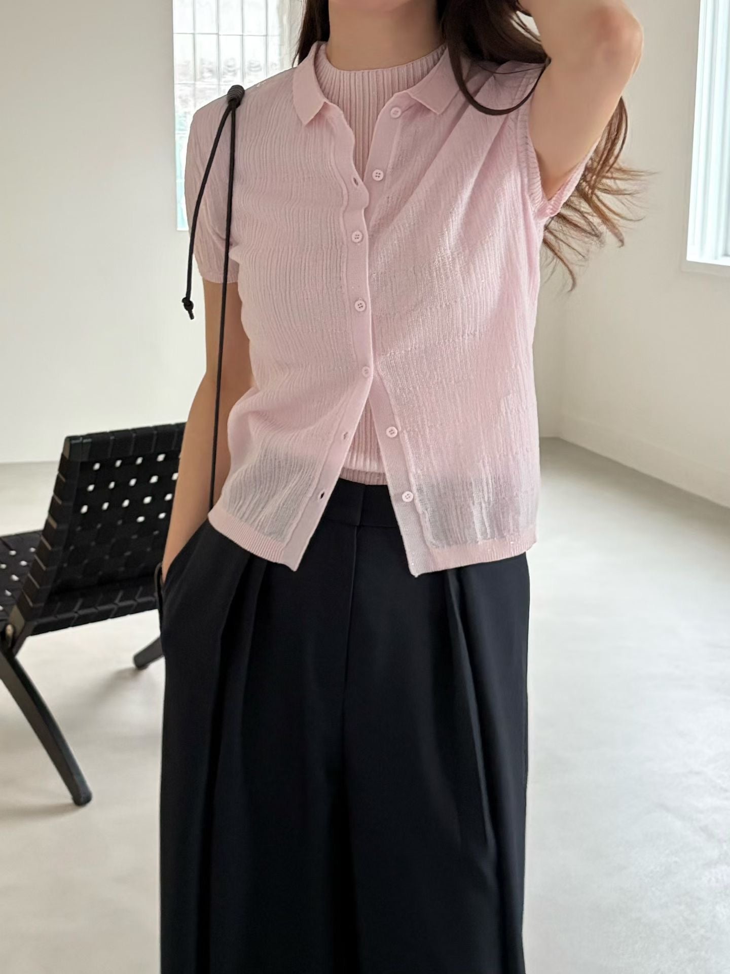 ♡柔順涼感細閃短袖針織襯衫♡ (C260545)