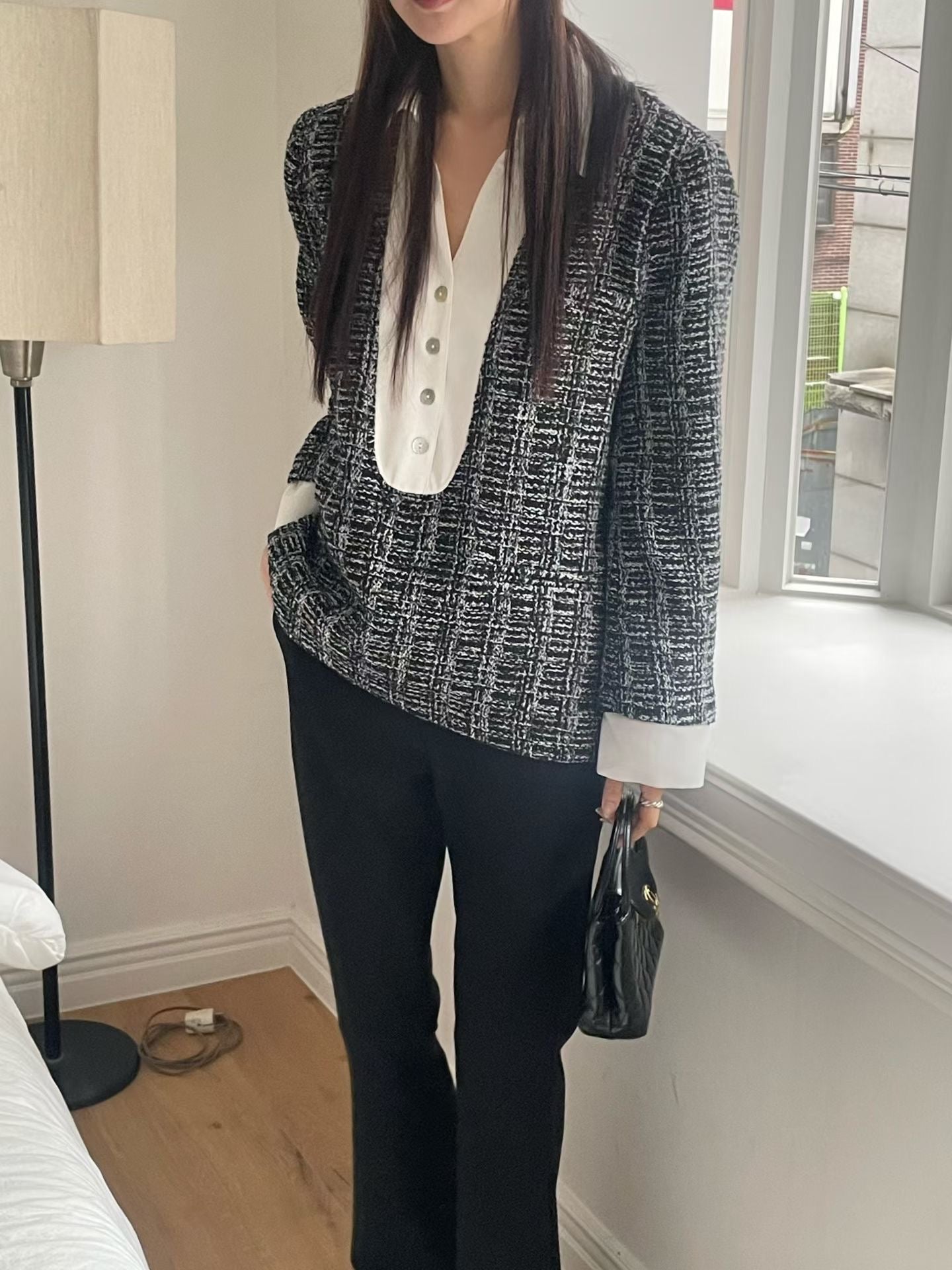 ♡小香風雙材質襯衫針織上衣♡ (C251124)