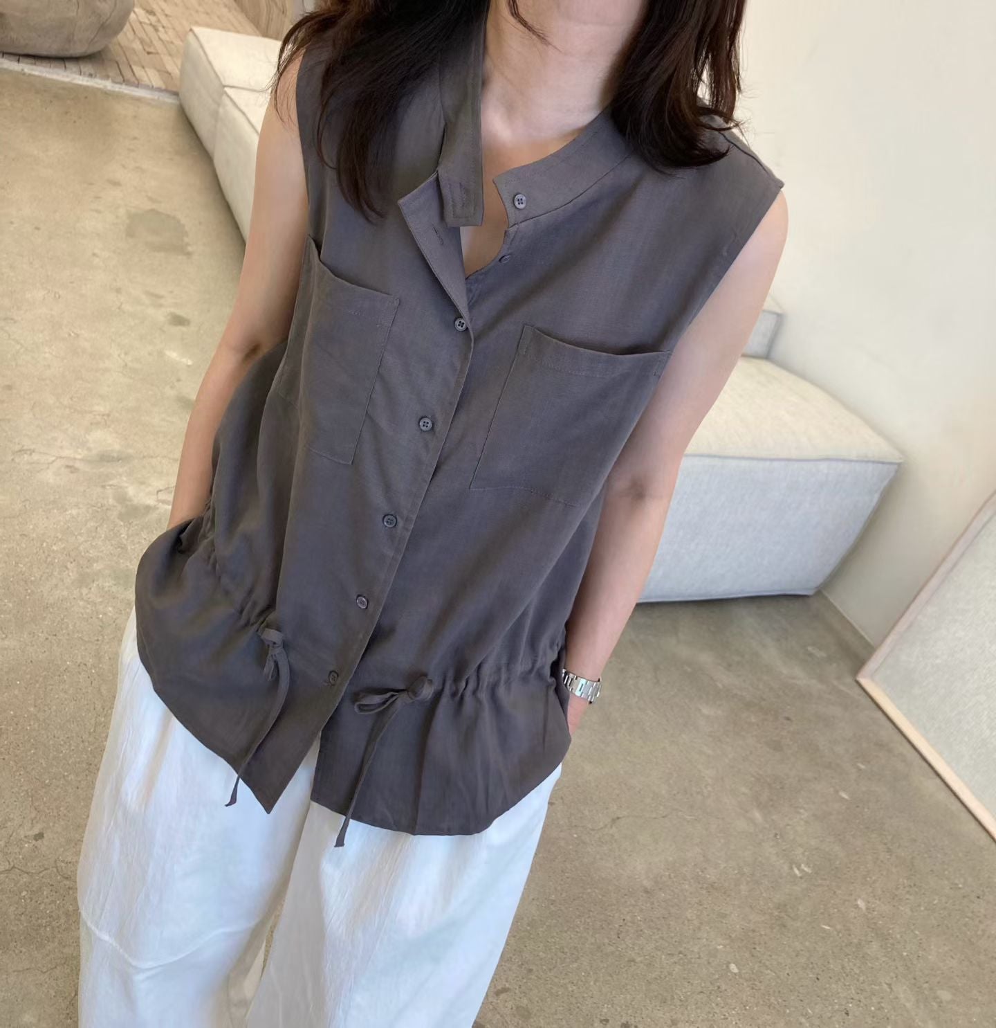 ♡高級感輕薄顯瘦抽繩無袖上衣♡ (C260531)