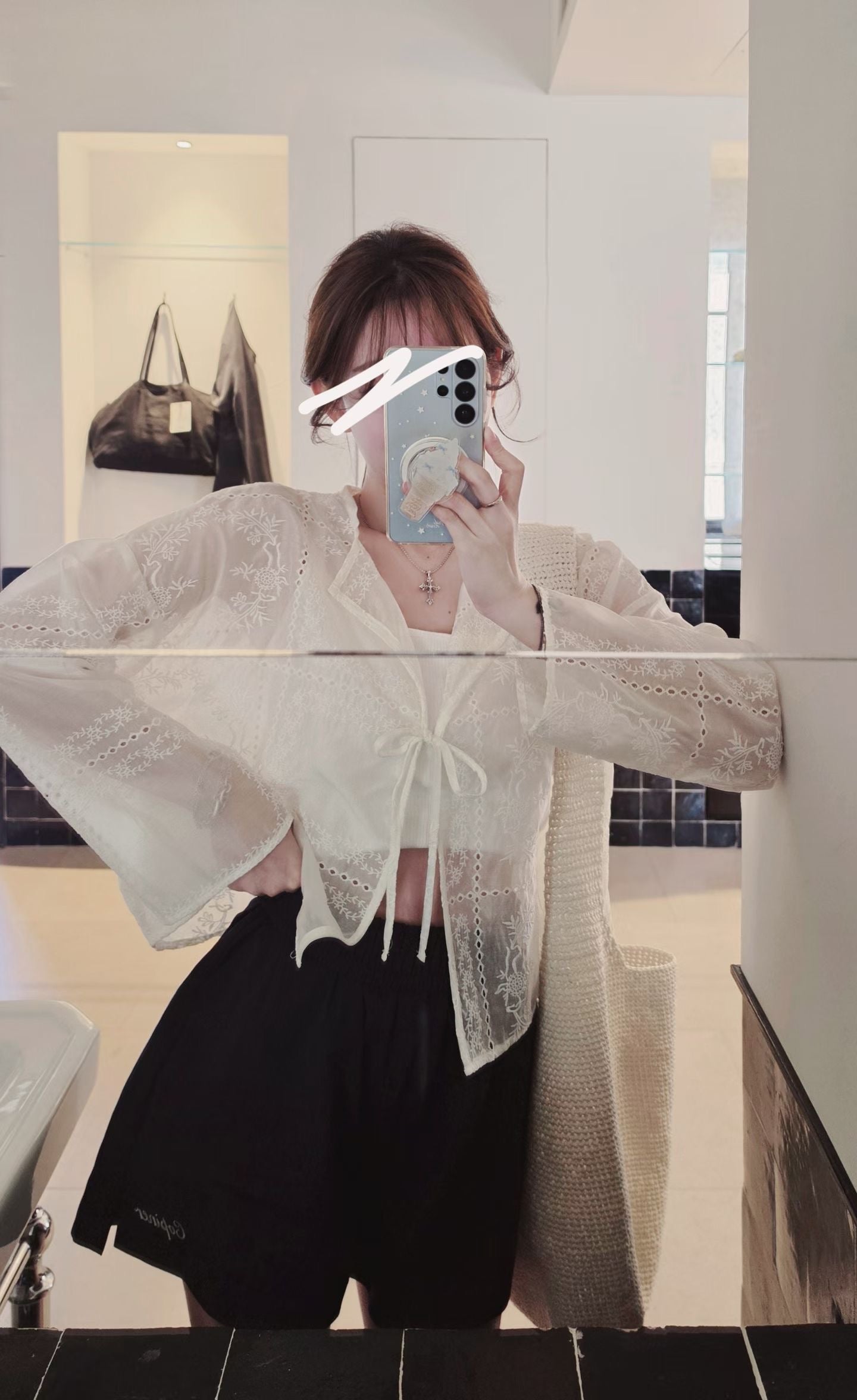 ♡Oni家♡精緻刺繡透肌綁帶罩衫 (C260704)