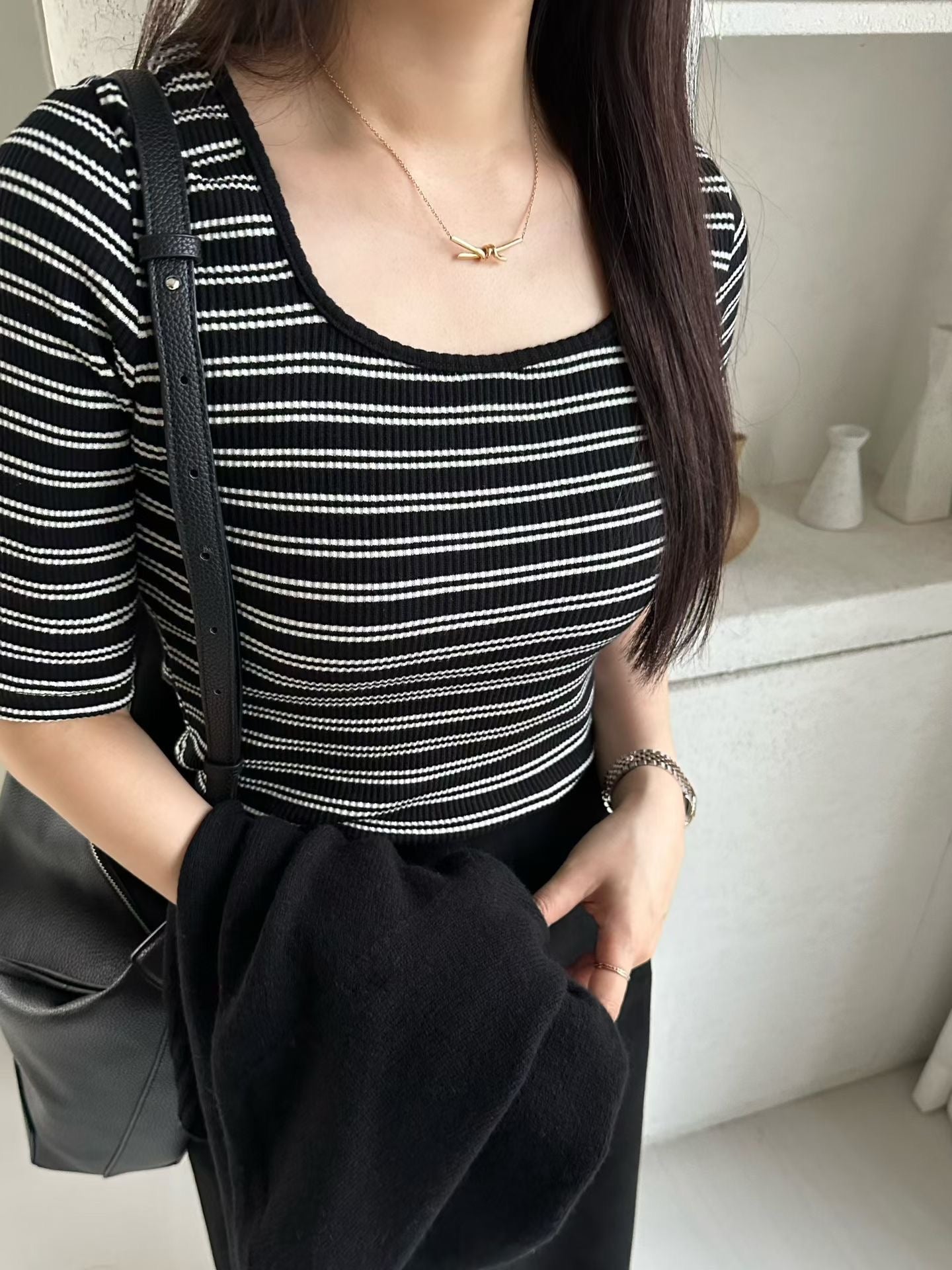 ♡方圓領兩穿五分袖上衣♡ (C251023)