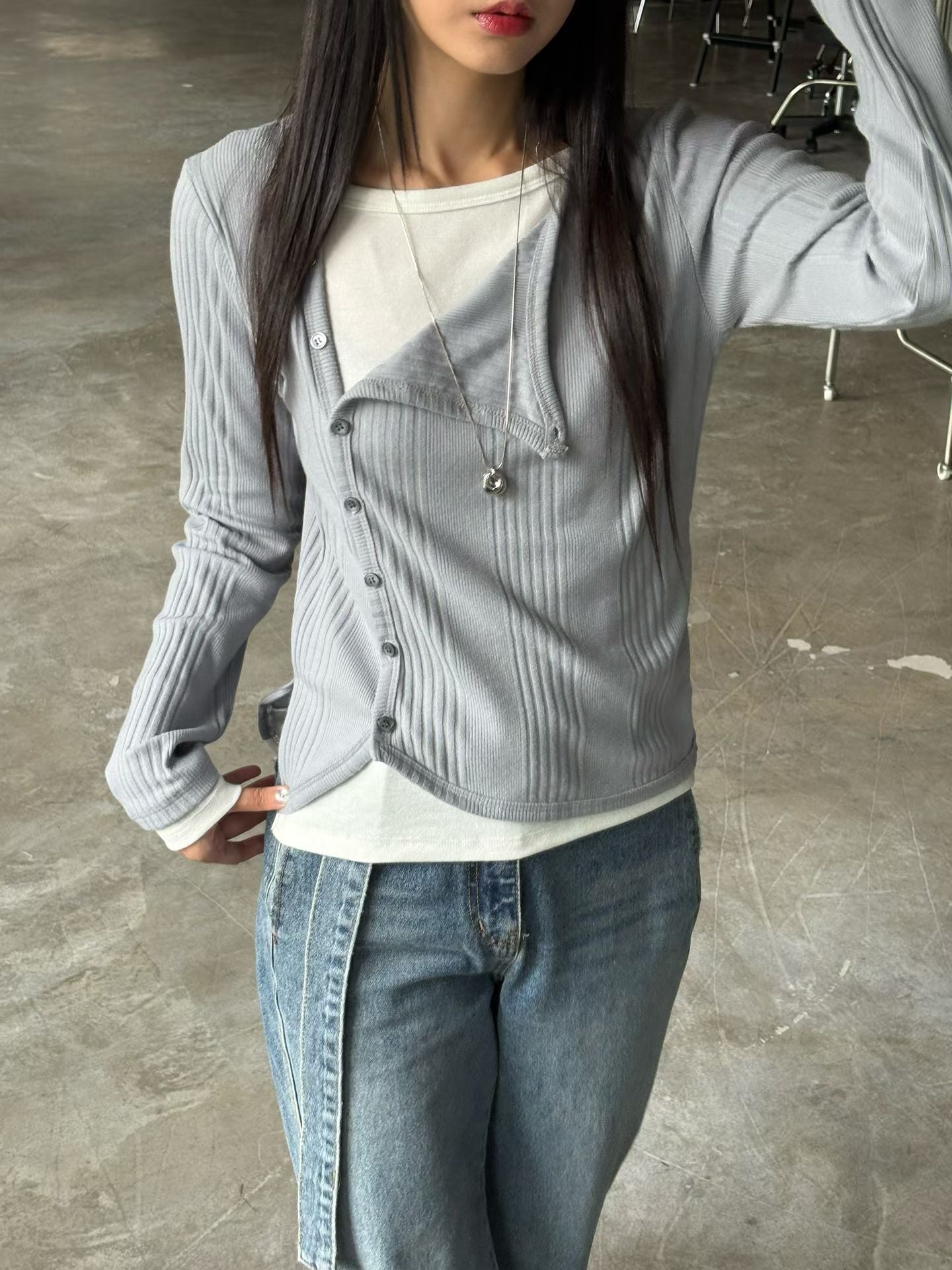 ♡斜扣羅紋假兩件上衣♡ (C251252)