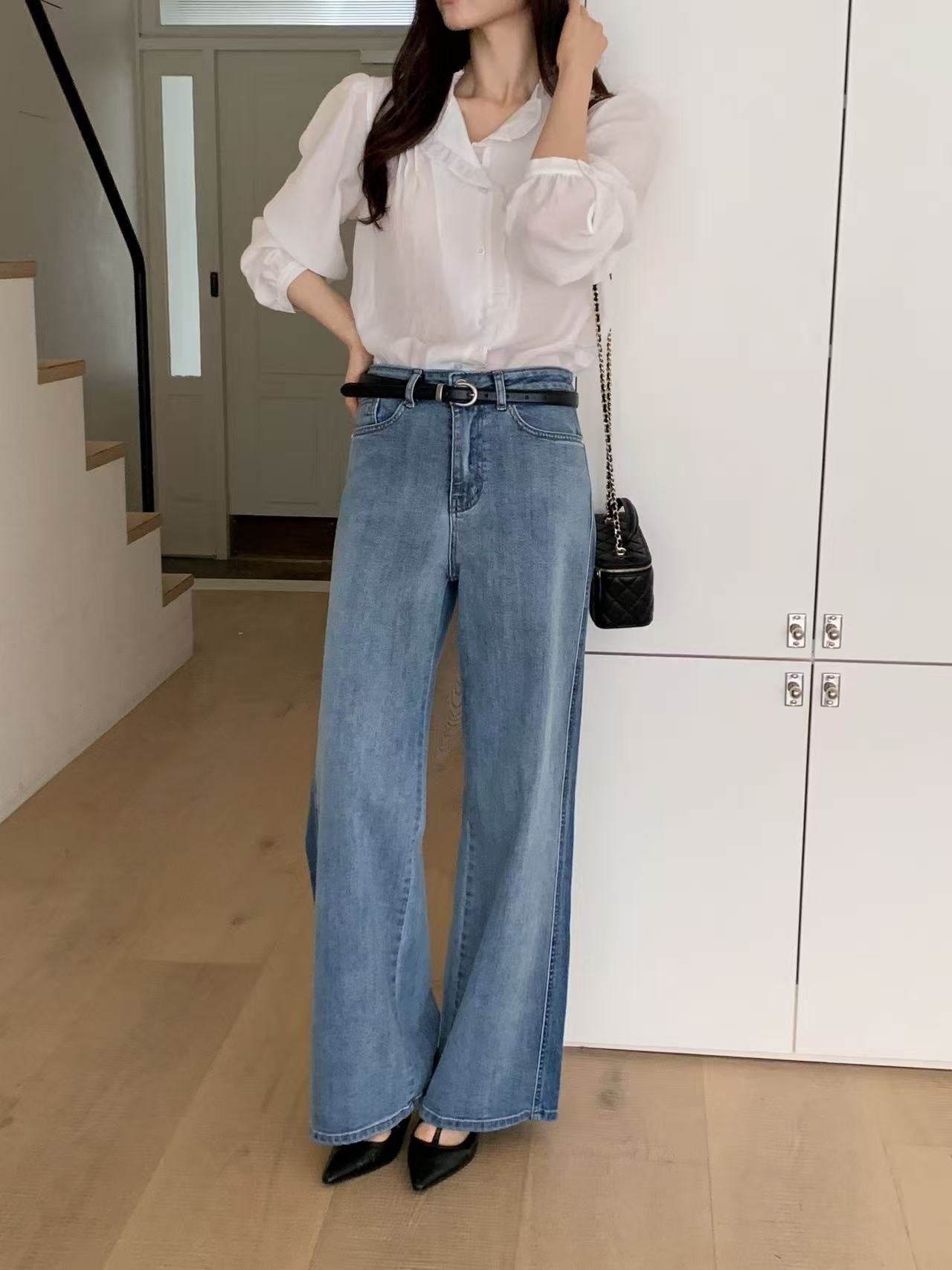 ♡瘦腿雙色拼接線條牛仔寬褲♡ (C260456)