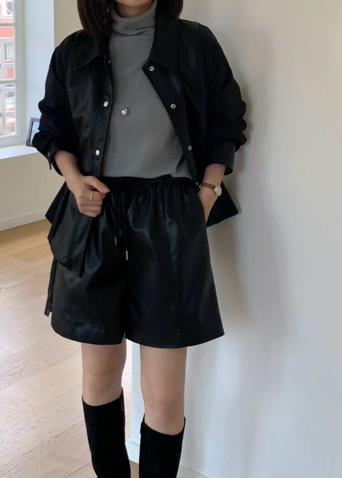 ♡異材質拼接收腰兩穿襯衫/外套 ♡ (C260930)