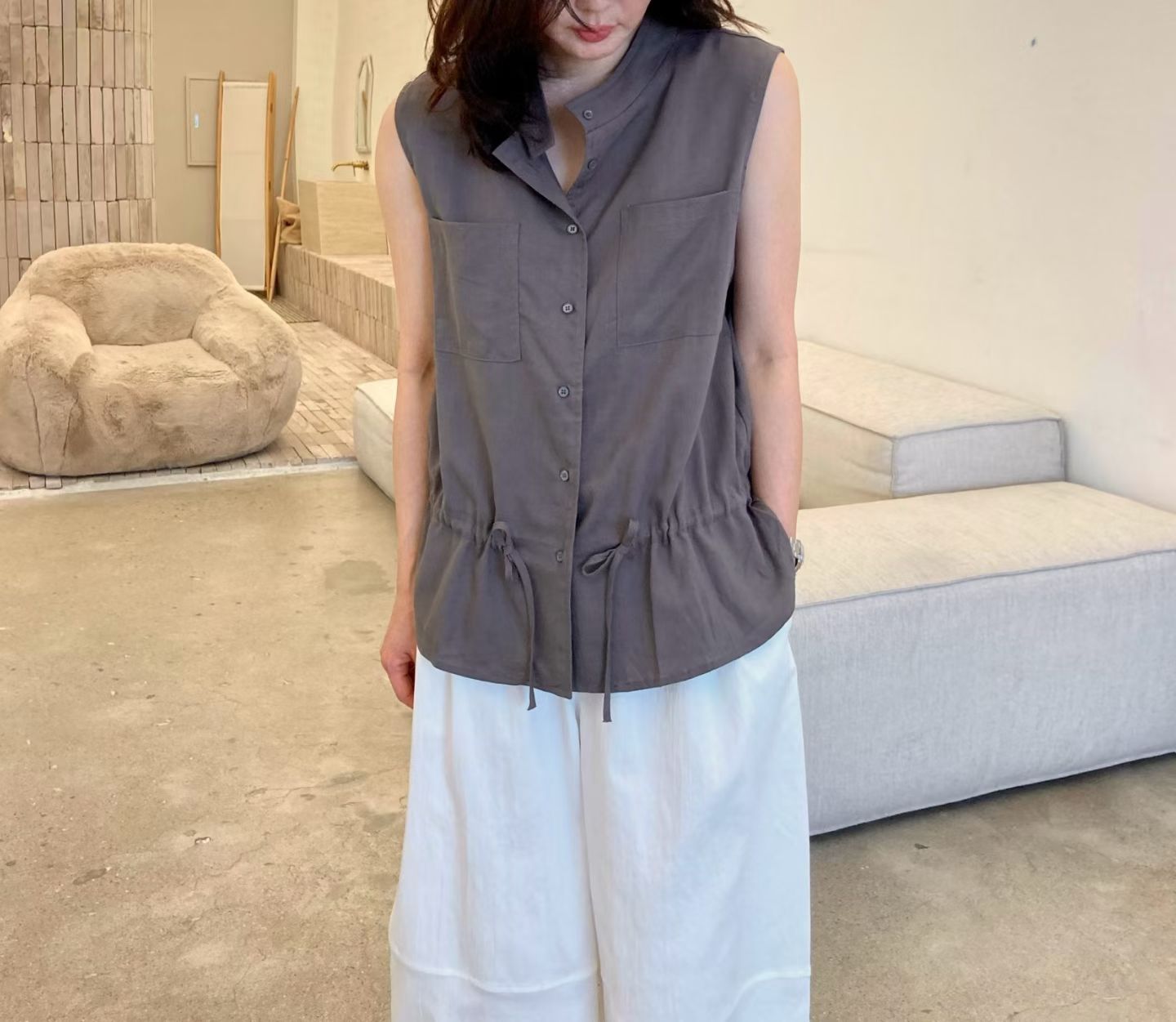 ♡高級感輕薄顯瘦抽繩無袖上衣♡ (C260531)