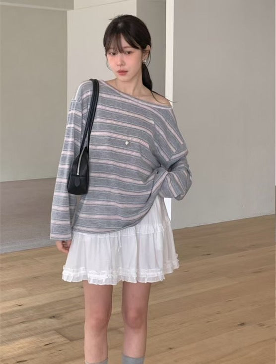 ♡慵懶斜肩條紋上衣♡ (C260532)