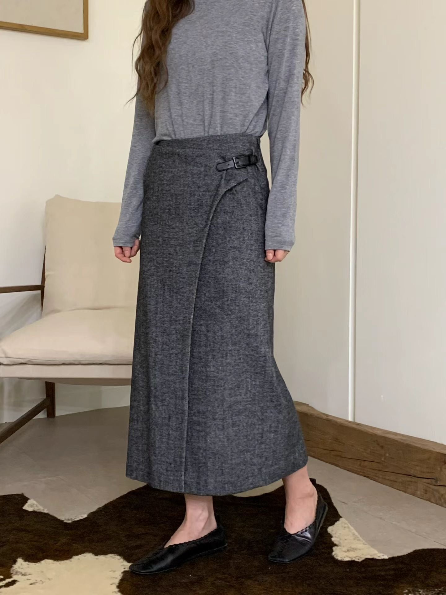 ♡氣質Oni家♡質感腰扣弧線人字紋長裙 (C251231)