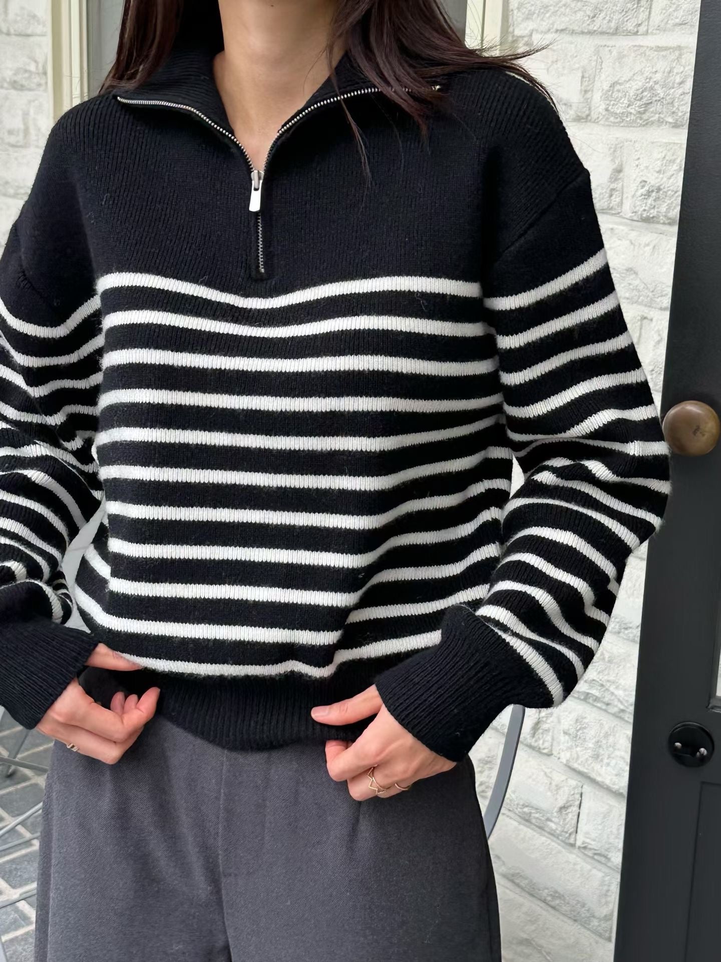 ♡經典法式半高領條紋針織衫♡ (C251009)