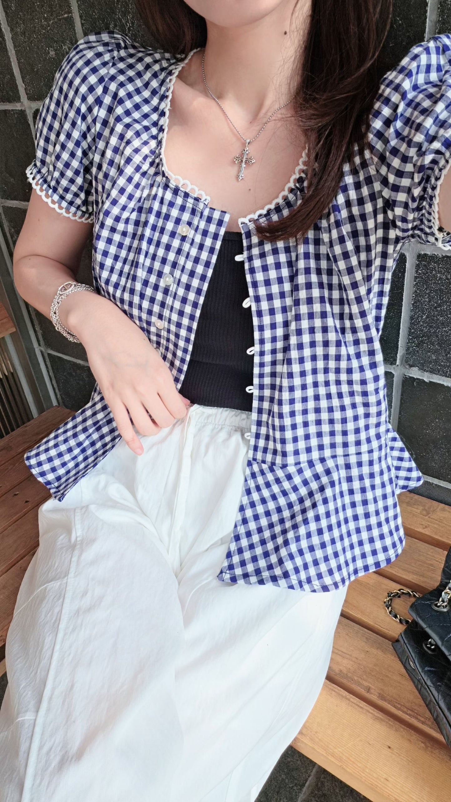 ♡Oni家♡法式小浪漫格紋罩衫 (C260708)