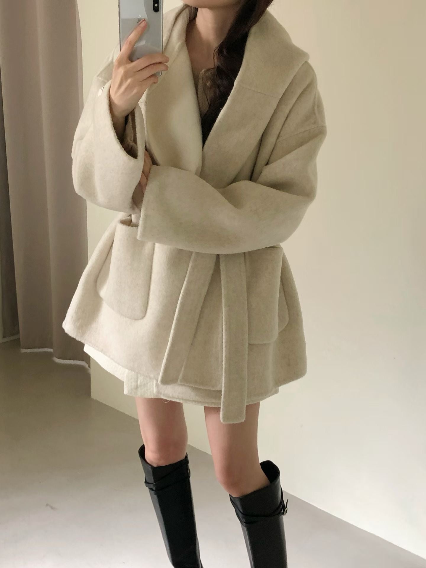 ♡純色保暖綁帶大衣外套連帽罩衫♡ (C251247)