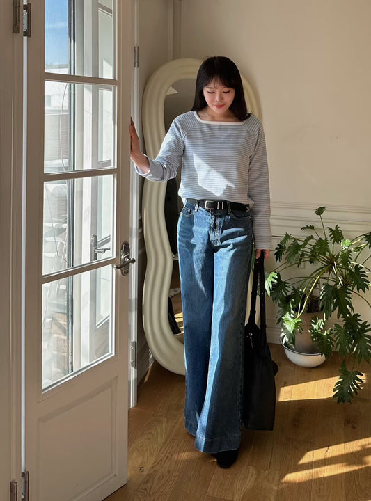 ♡零束縛豎紋寬直筒牛仔褲♡ (C251238)