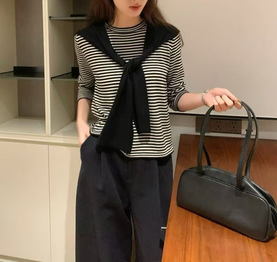 ♡法式肩披假兩件條紋上衣♡ (C250909)