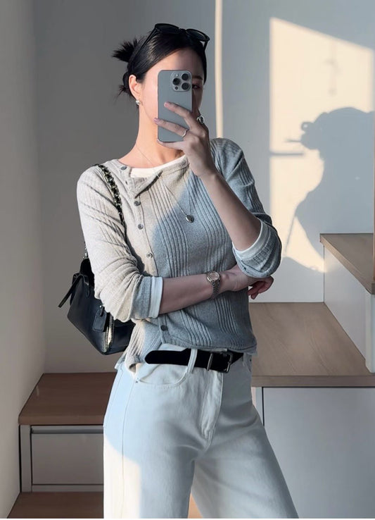 ♡斜扣羅紋假兩件上衣♡ (C251252)