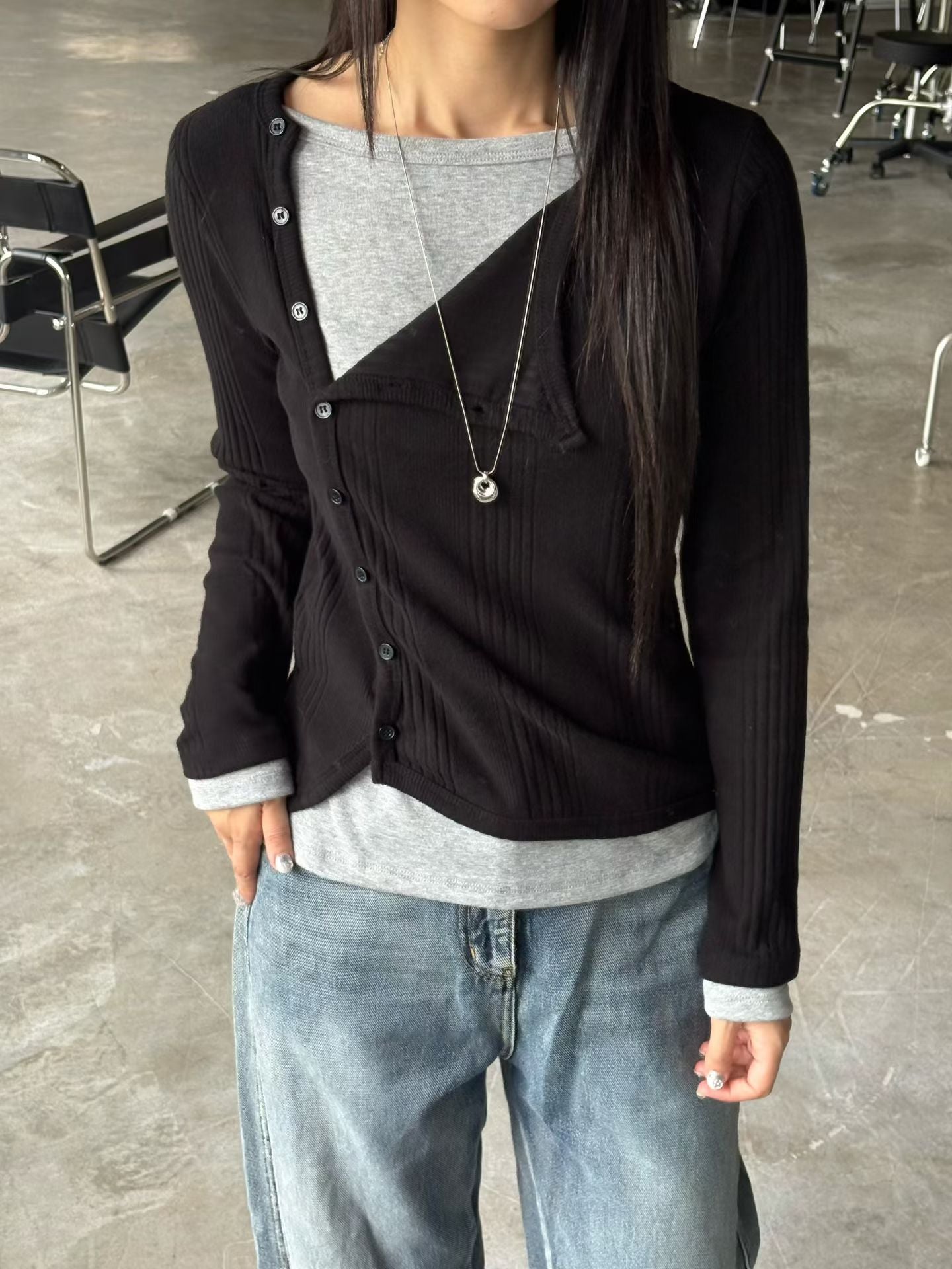 ♡斜扣羅紋假兩件上衣♡ (C251252)