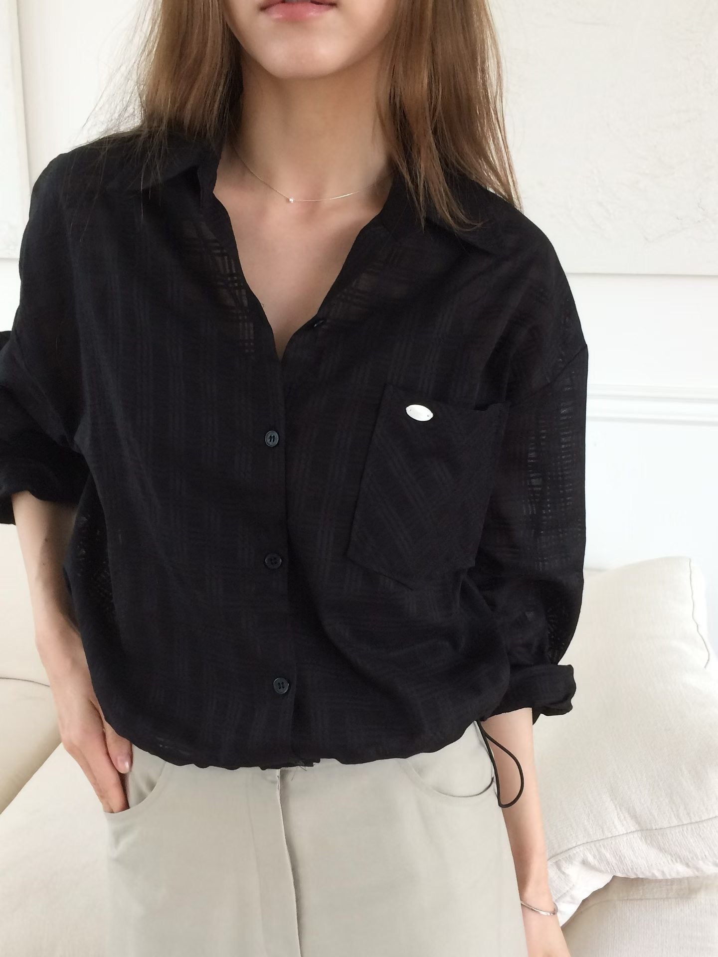 ♡柔霧輕透格紋襯衫外套♡ (C260432)