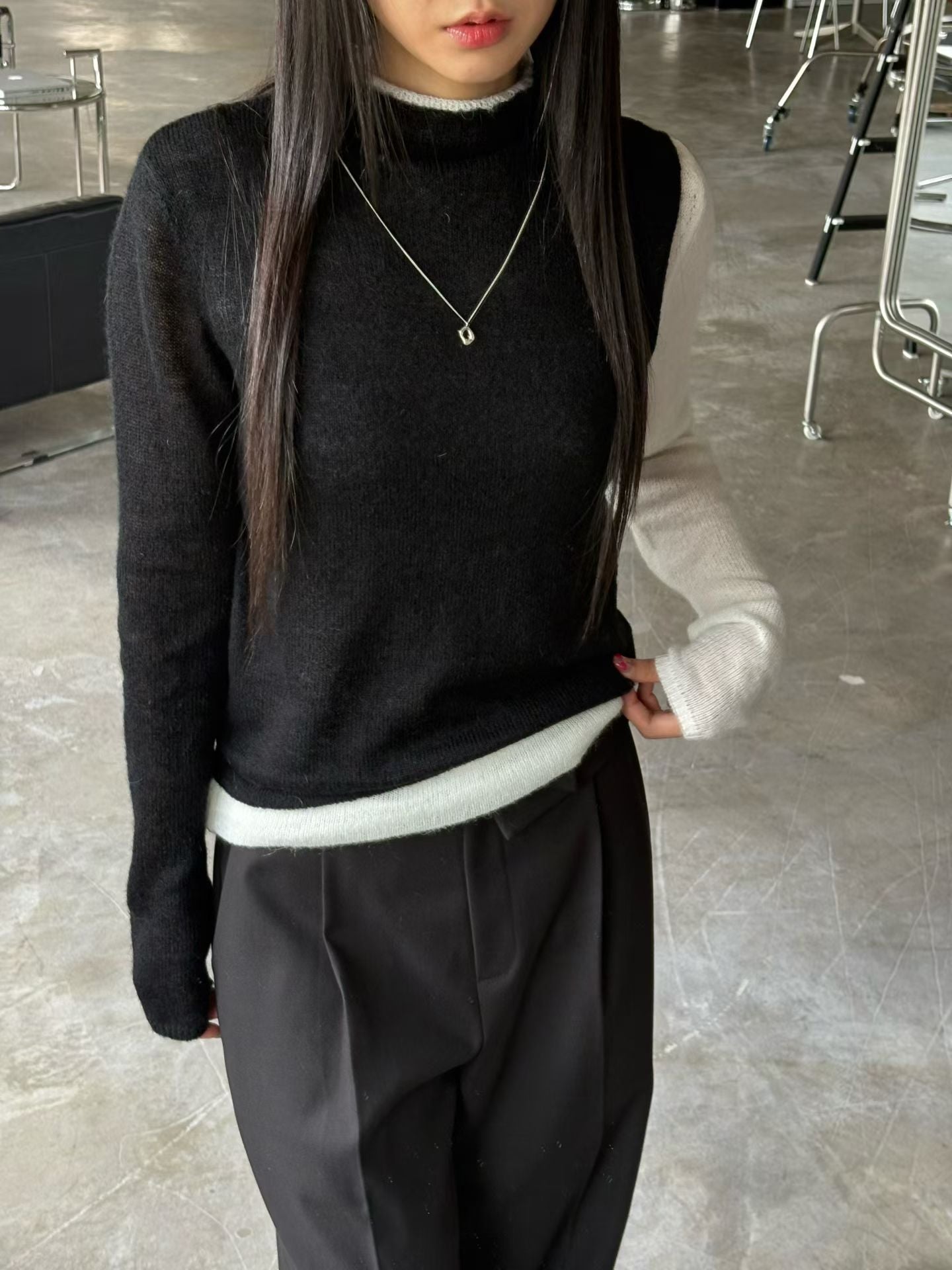 ♡雙層撞色袖設計感毛衣♡ (C251254)