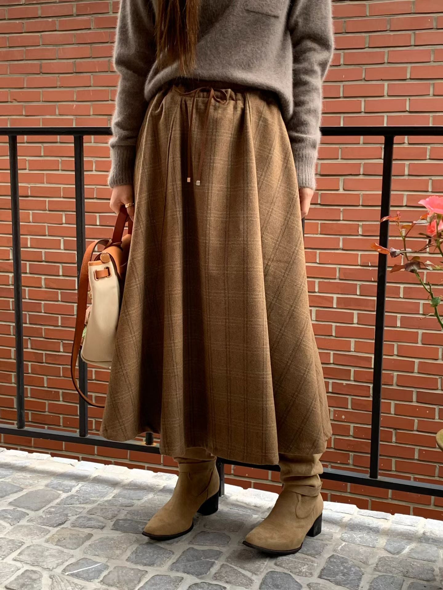 ♡氣質Oni家♡英倫格紋抽繩羊毛裙 (C251137)