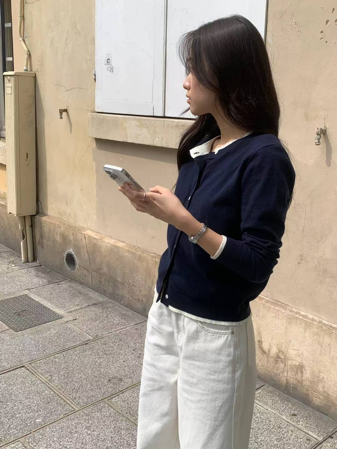 ♡優雅圓領撞色滾邊針織開衫♡ (C251013)