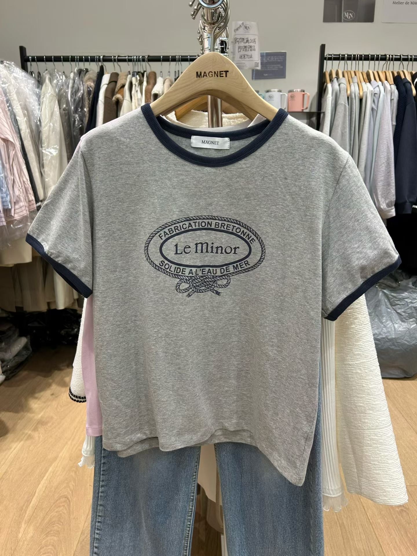 ♡法式復古撞色滾邊Logo短袖Ｔ♡ (C260341)