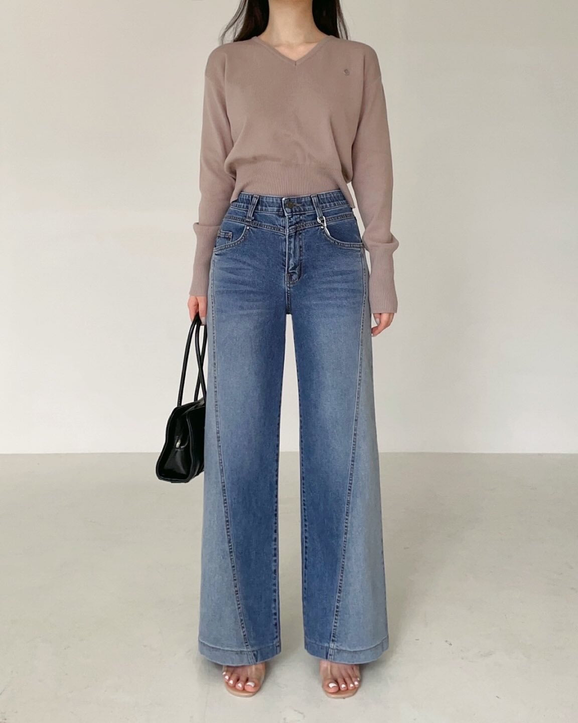 ♡拼接刷色牛仔寬褲♡ (C251154)