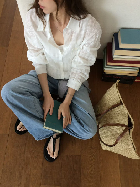 ♡柔霧輕透格紋襯衫外套♡ (C260432)