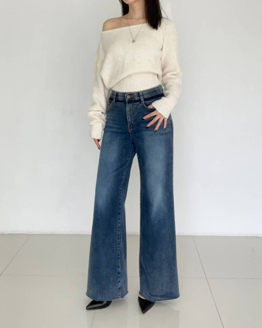 ♡鹽洗拼色長腿顯瘦喇叭褲♡ (C251234)