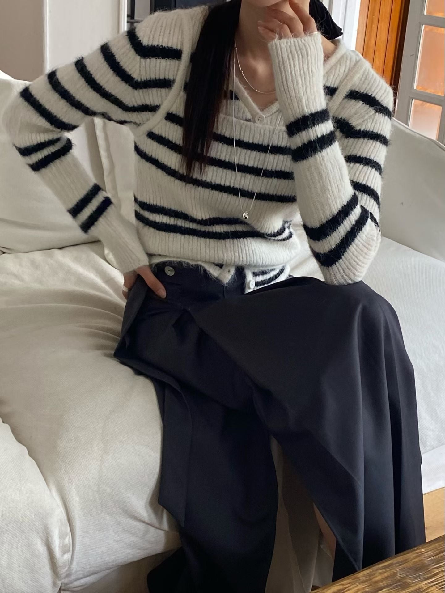 ♡實搭條紋細肩帶開衫兩件組♡ (C251126)