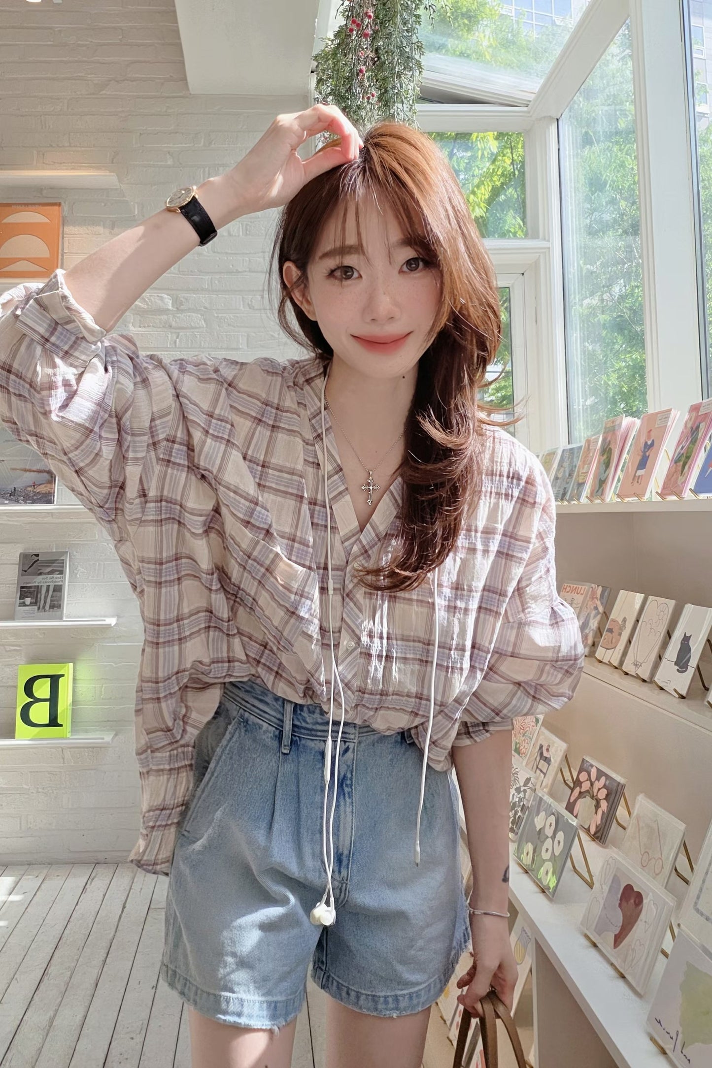 ♡Oni家♡夏日格紋V領休閒襯衫 (C260564)