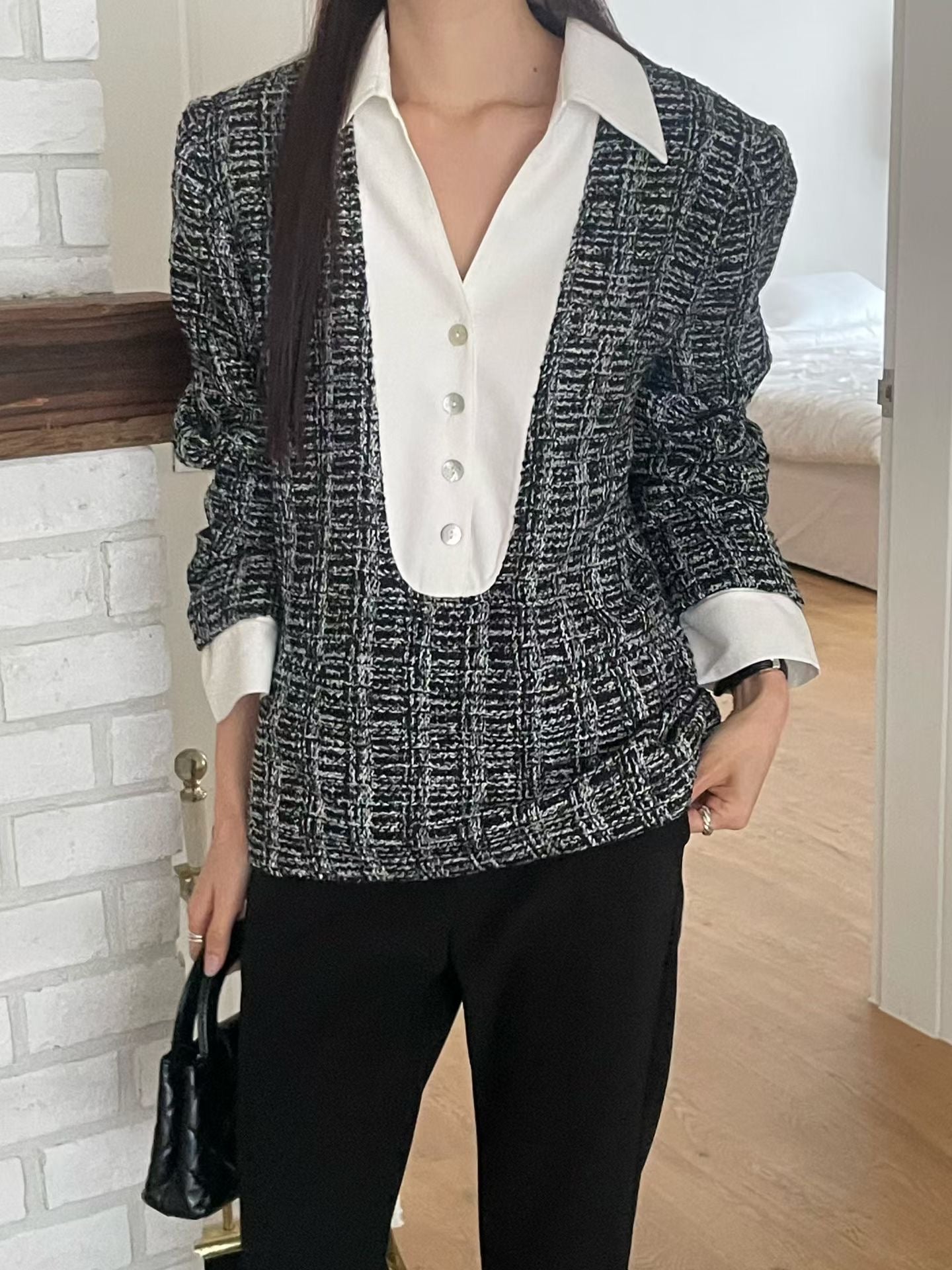 ♡小香風雙材質襯衫針織上衣♡ (C251124)