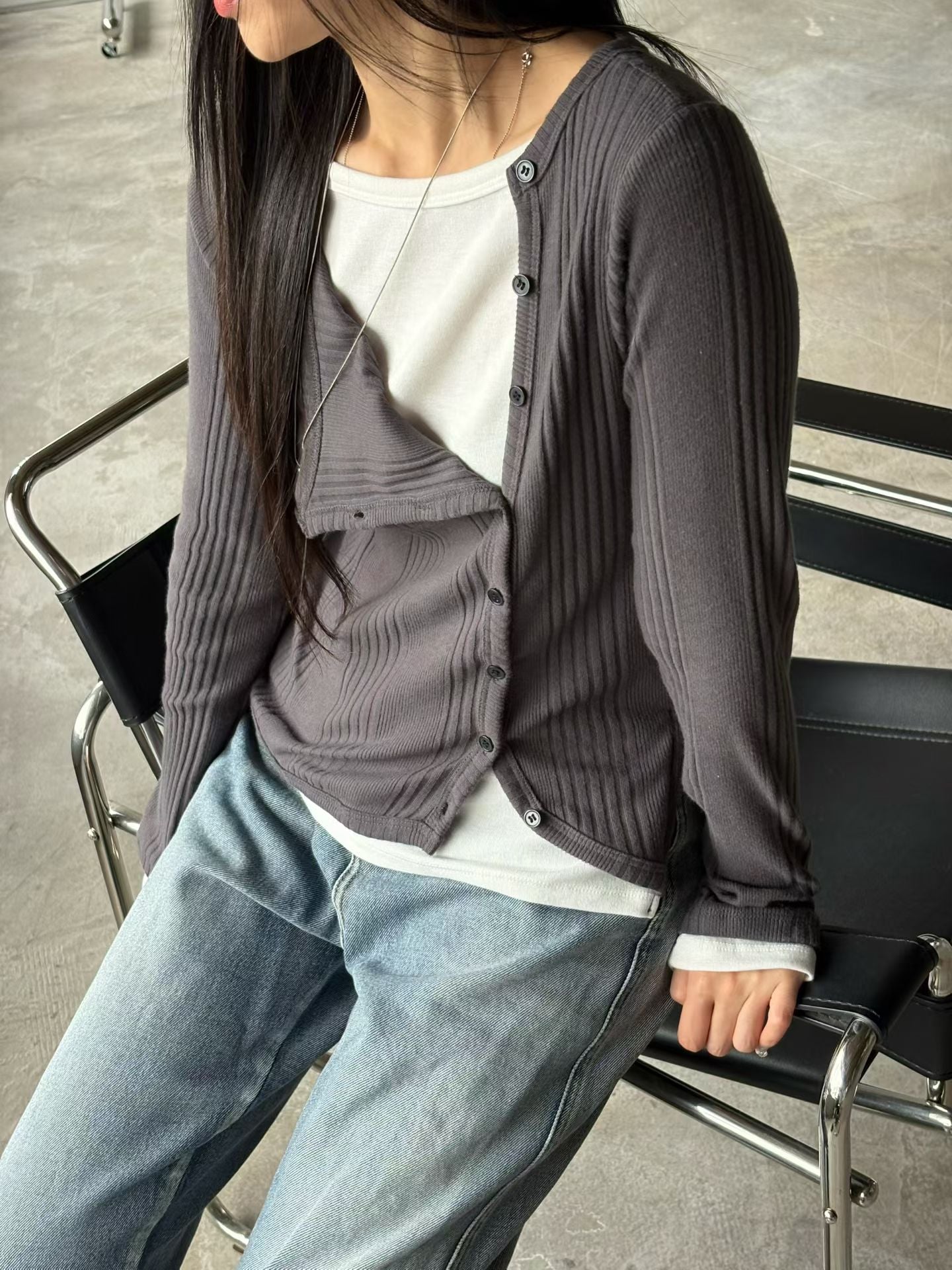 ♡斜扣羅紋假兩件上衣♡ (C251252)