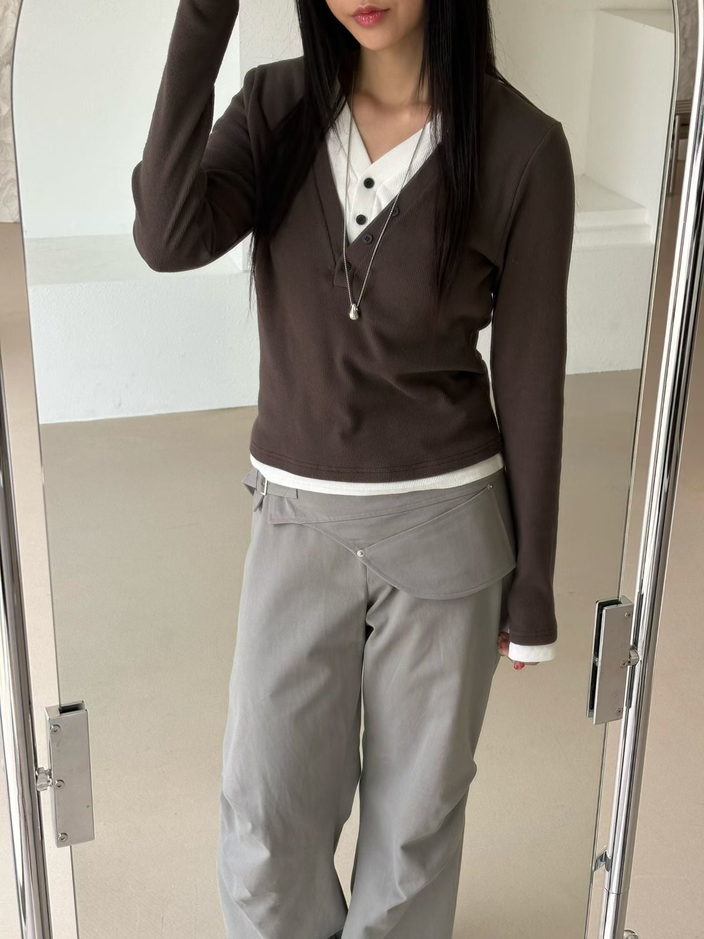 ♡雙層領線假兩件V領上衣♡ (C251255)