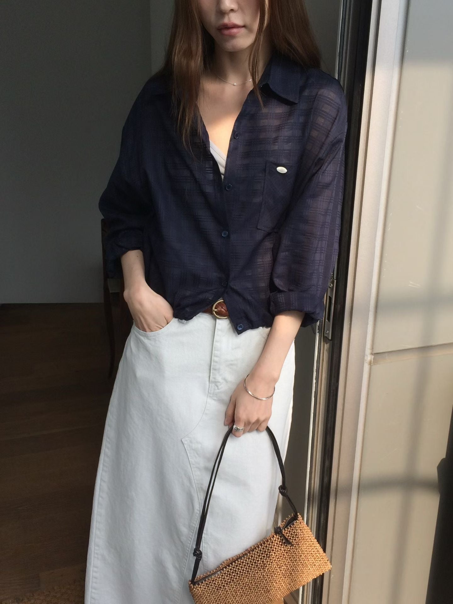 ♡柔霧輕透格紋襯衫外套♡ (C260432)