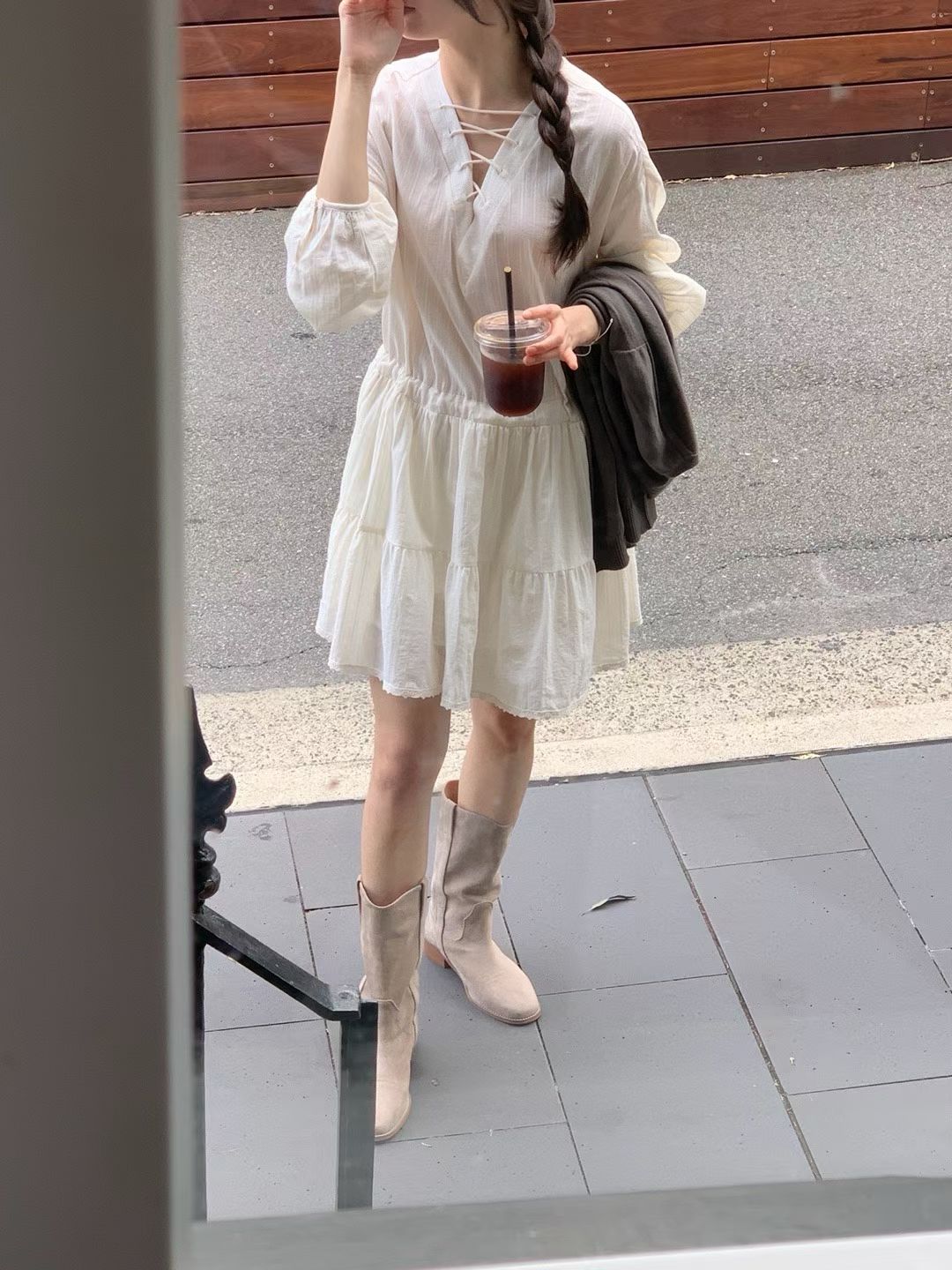 ♡法式氣質直條紋綁帶澎袖洋裝♡ (C260438)
