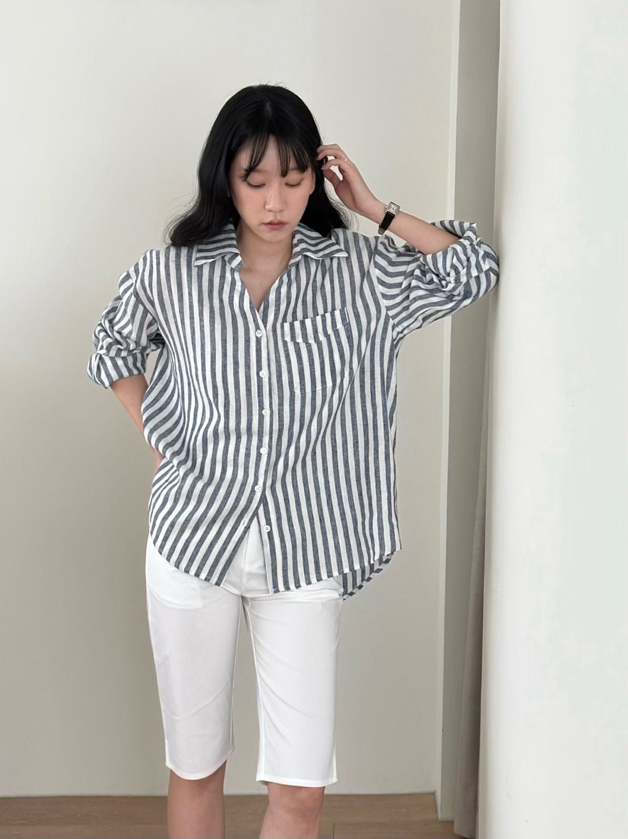 ♡法式清晨藍調條紋襯衫♡ (C260349)