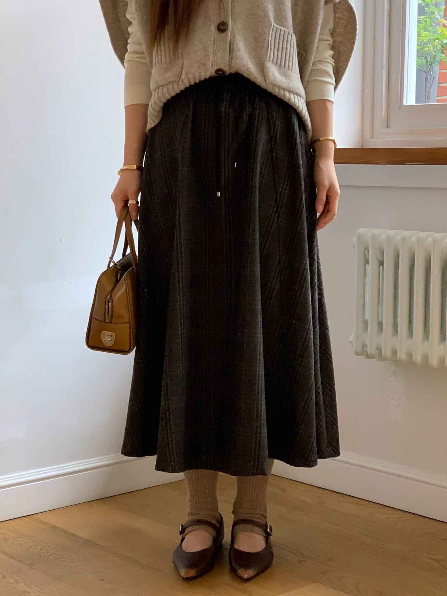 ♡氣質Oni家♡英倫格紋抽繩羊毛裙 (C251137)