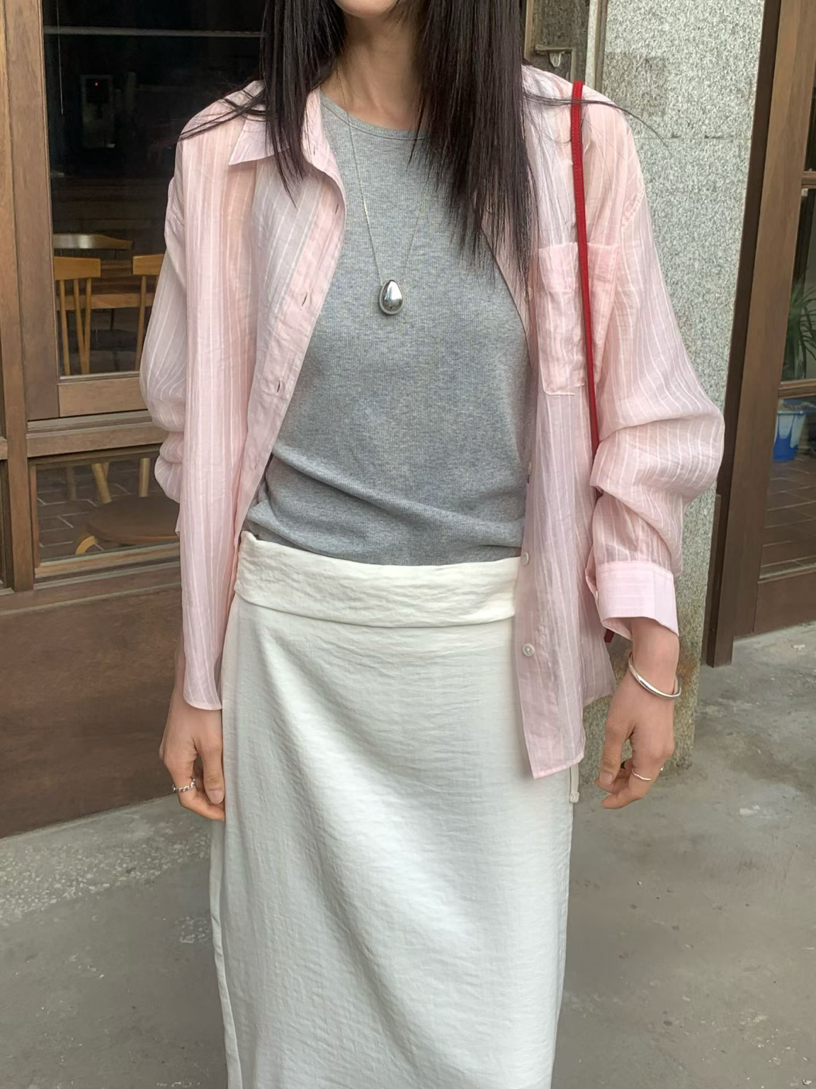 ♡冰霧光感條紋透膚襯衫♡ (C260659)