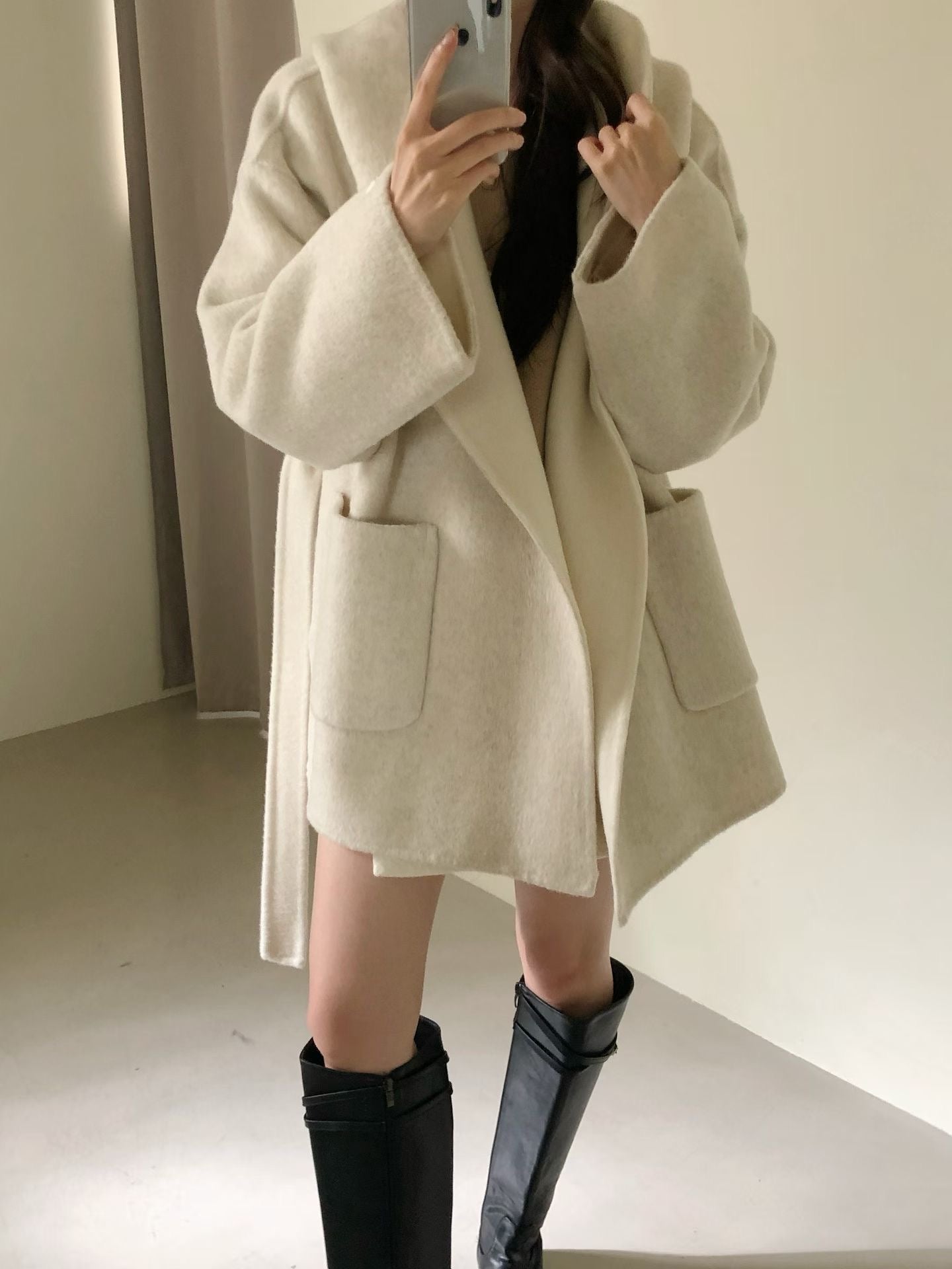 ♡純色保暖綁帶大衣外套連帽罩衫♡ (C251247)