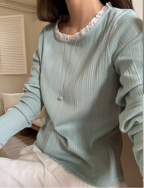 ♡優雅顯瘦細坑條荷葉滾邊上衣♡ (C260533)