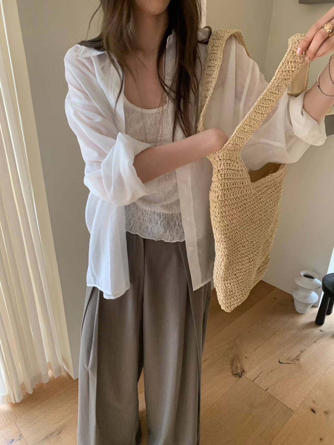 ♡冰霧光感條紋透膚襯衫♡ (C260659)
