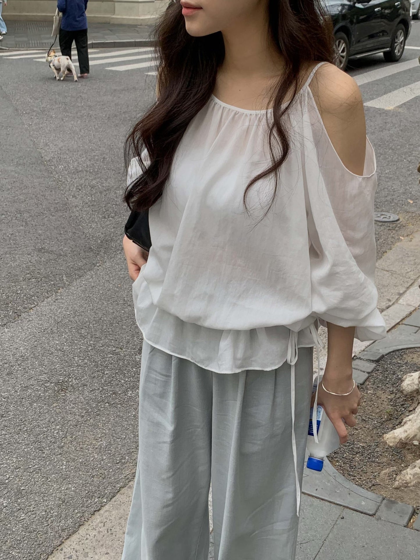 ♡法式露肩收腰雪紡上衣♡ (C260629)
