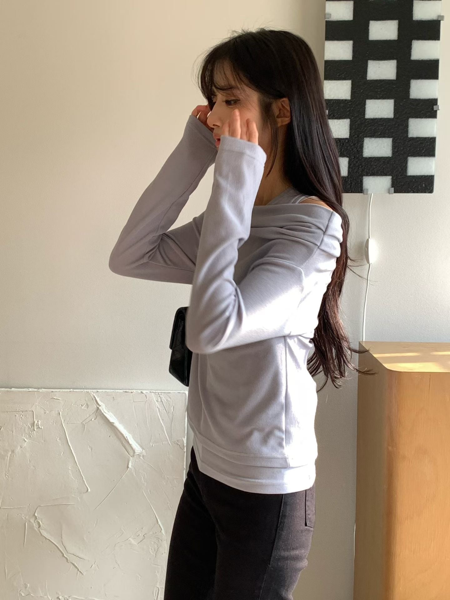 ♡小性感假兩件垂領露肩長袖上衣♡ (C260322)