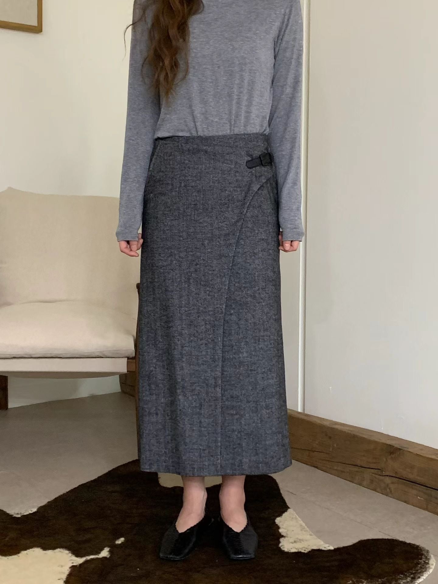 ♡氣質Oni家♡質感腰扣弧線人字紋長裙 (C251231)