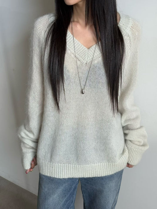 ♡柔霧輕絨V領毛海針織上衣♡ (C251256)