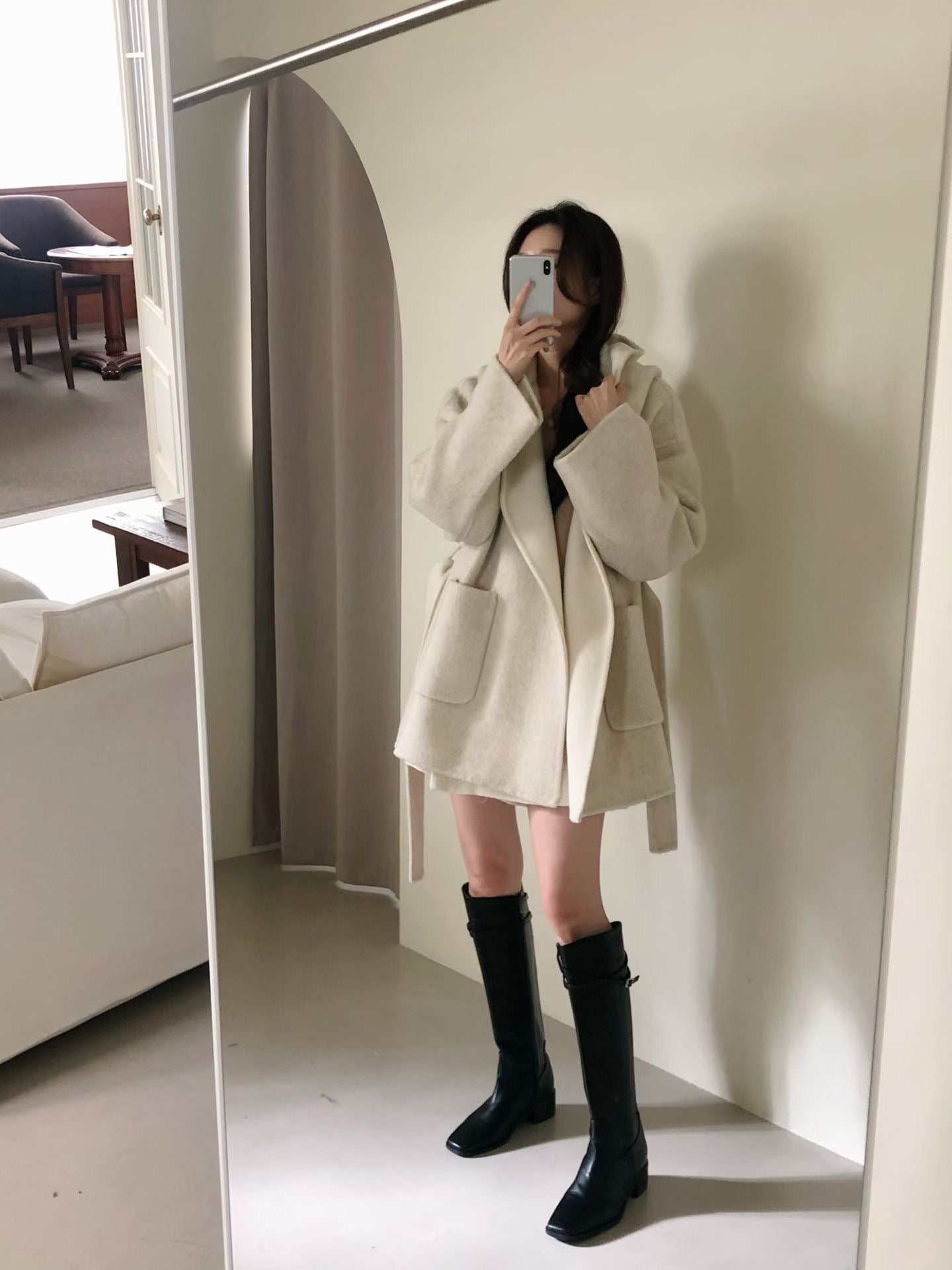 ♡純色保暖綁帶大衣外套連帽罩衫♡ (C251247)