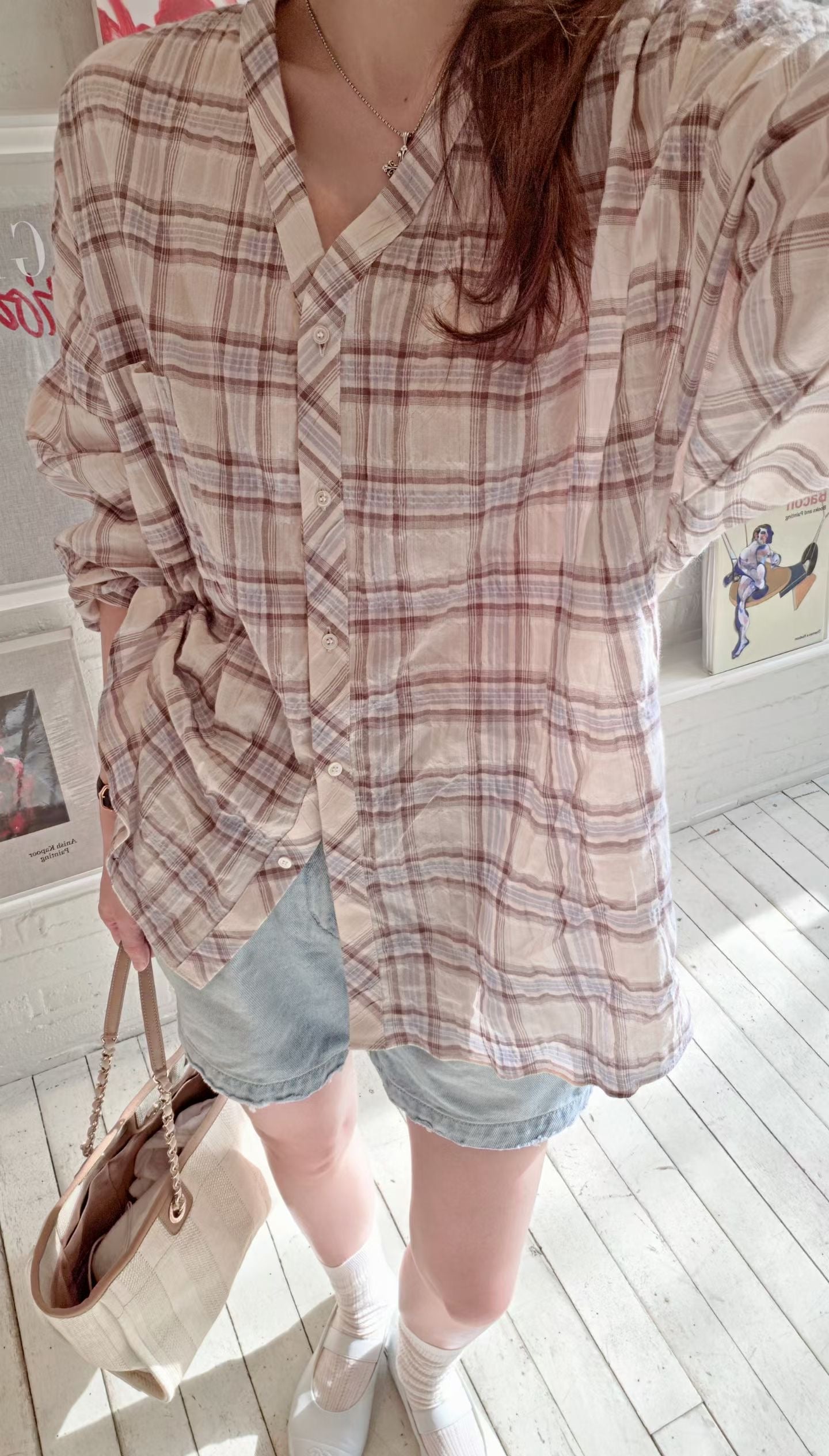 ♡Oni家♡夏日格紋V領休閒襯衫 (C260564)