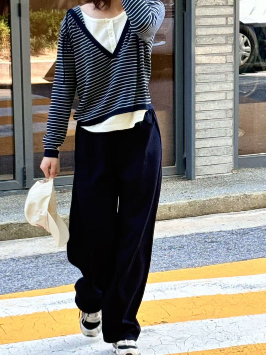 ♡法式假兩件式條紋V領Hoodie Knit♡ (C250933)