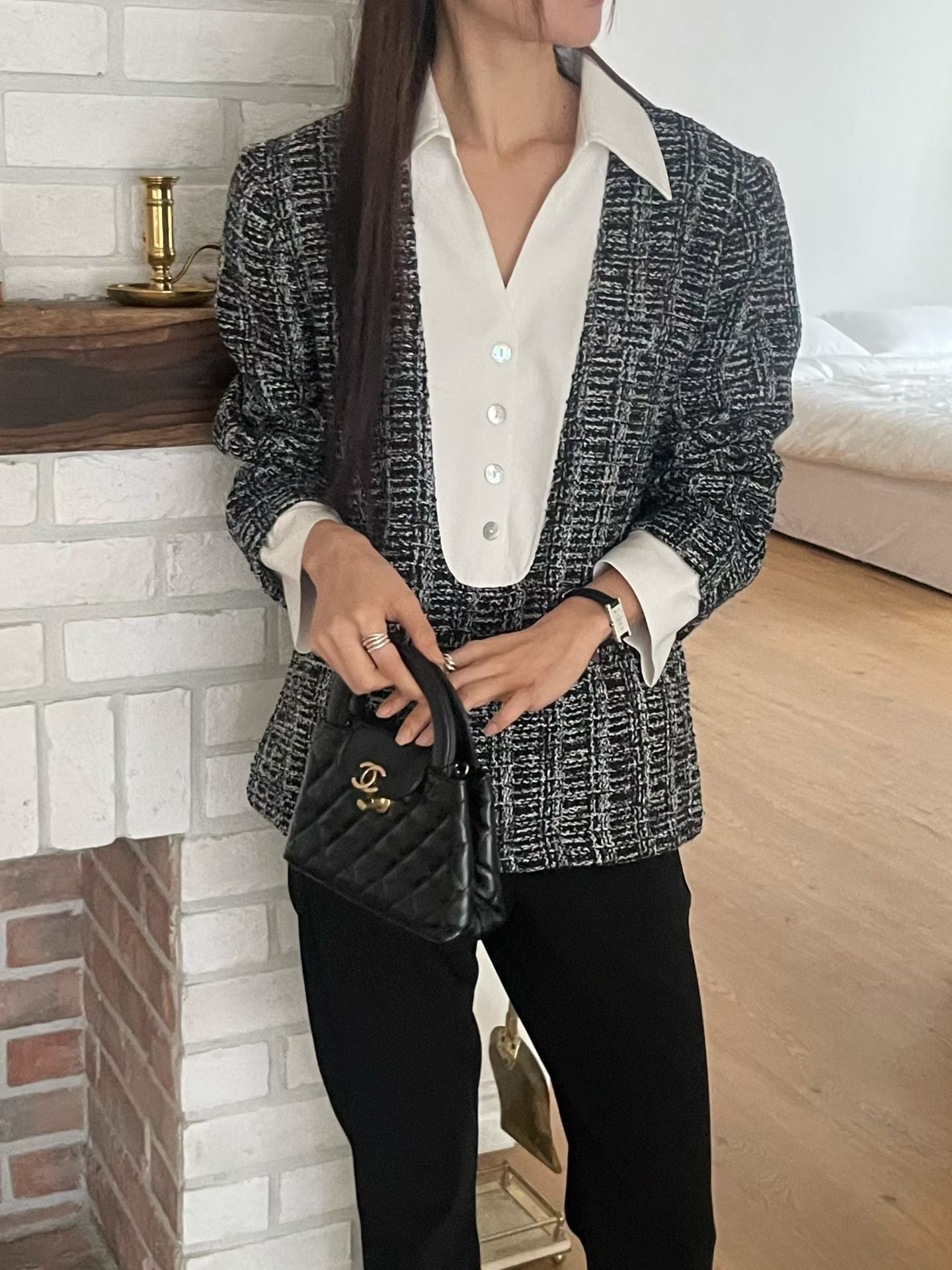 ♡小香風雙材質襯衫針織上衣♡ (C251124)