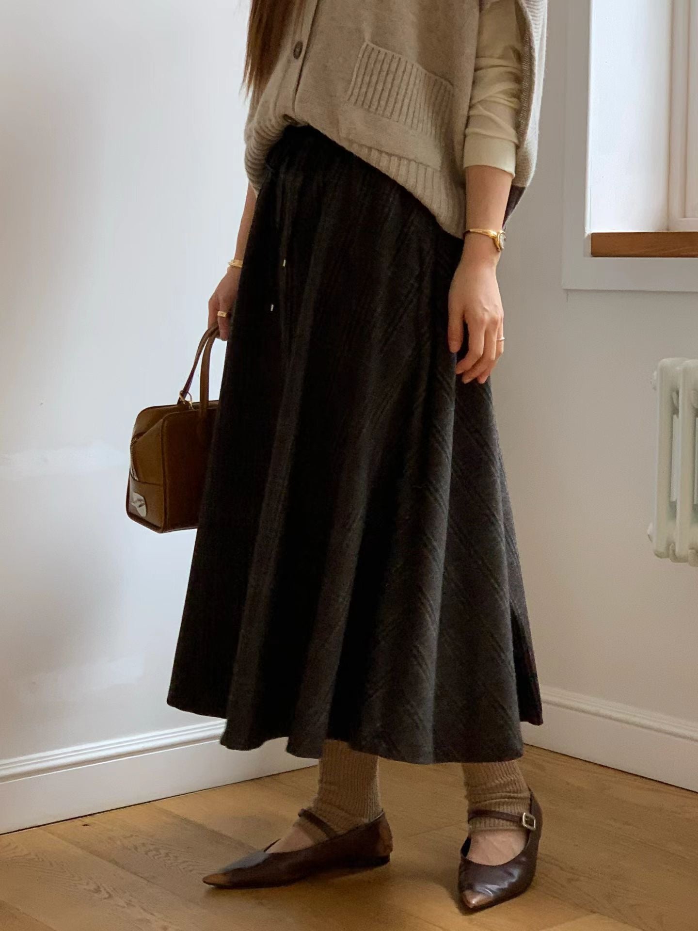 ♡氣質Oni家♡英倫格紋抽繩羊毛裙 (C251137)