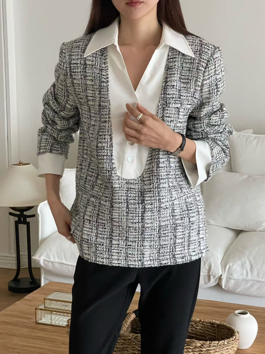 ♡小香風雙材質襯衫針織上衣♡ (C251124)