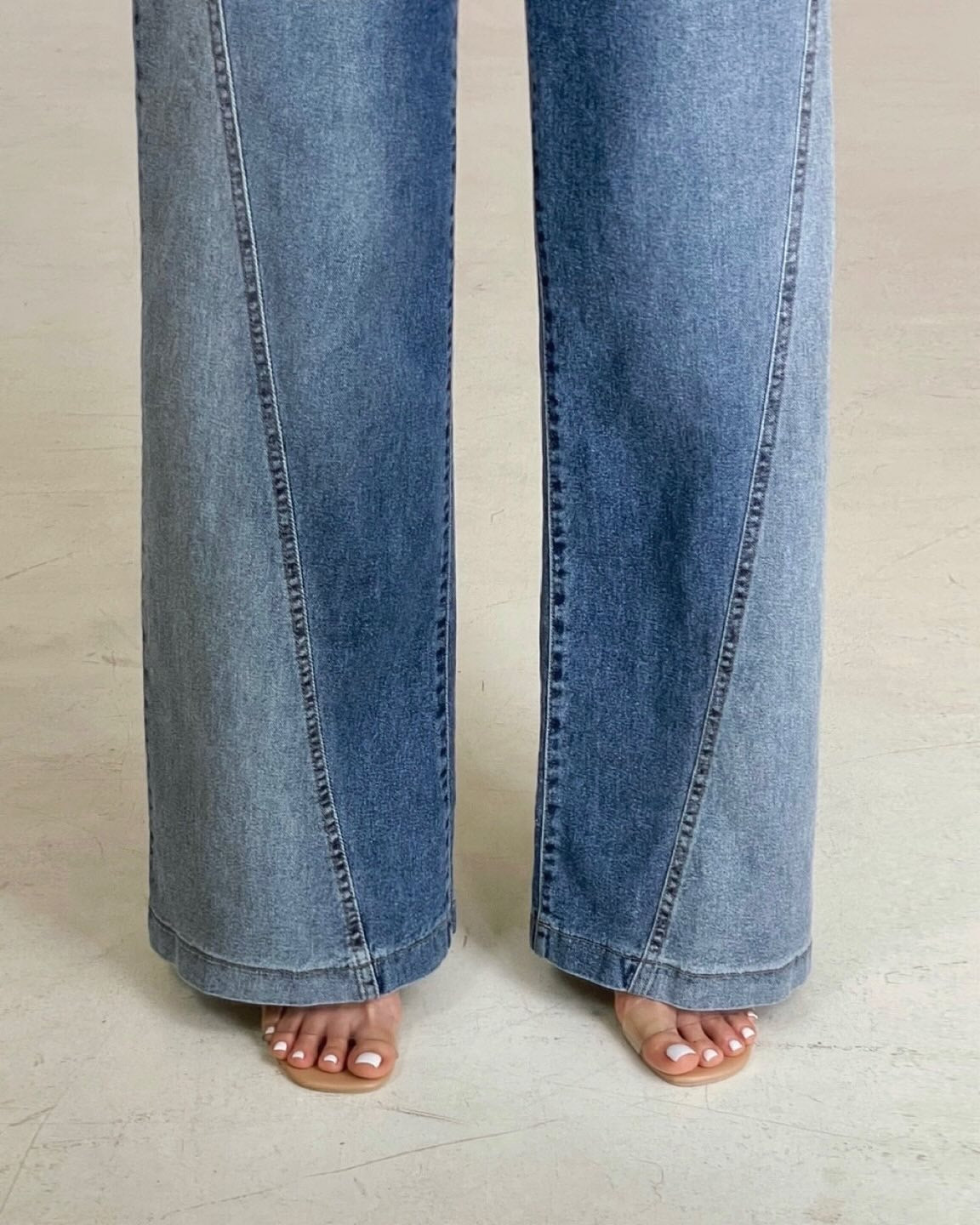 ♡拼接刷色牛仔寬褲♡ (C251154)